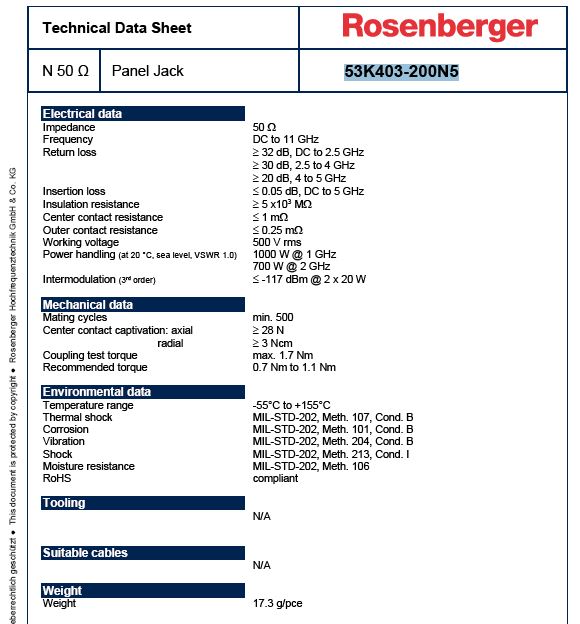 Rosenberger N型11 GHz同轴17.5毫米4孔法兰连接器2